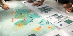 Retail planning team studying a detailed location map beside store performance charts